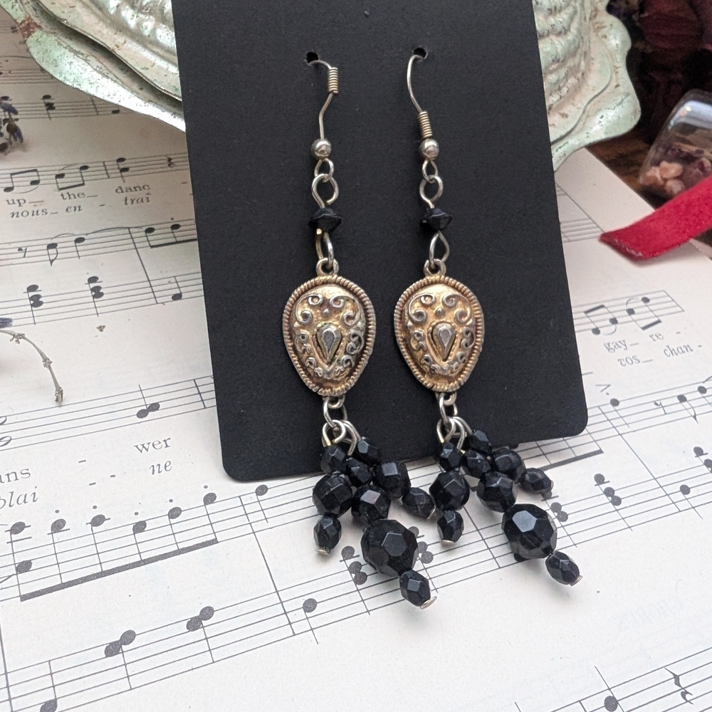 Vintage Gothic Black and Gold Dangle Earrings